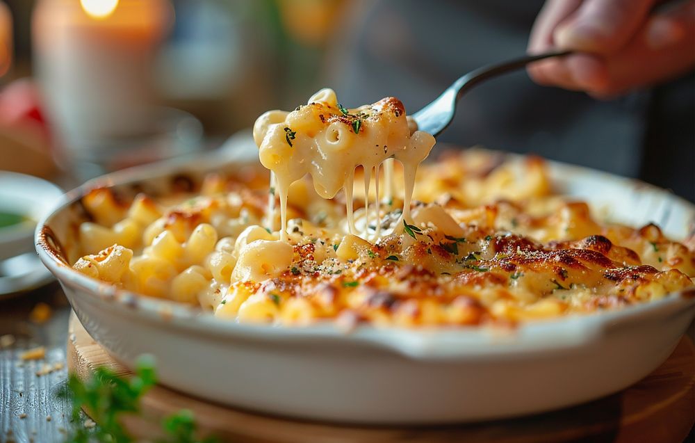 Creamy mac and cheese with cheddar, gouda, mozzarella