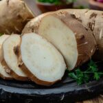 Close-up of peeled and sliced white sweet potatoes