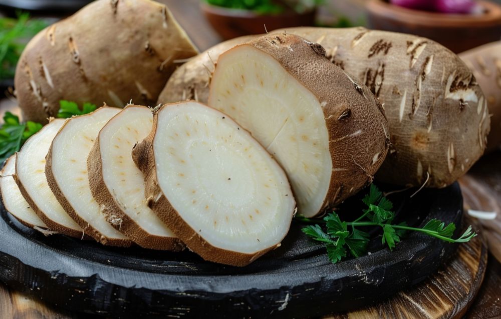 Close-up of peeled and sliced white sweet potatoes