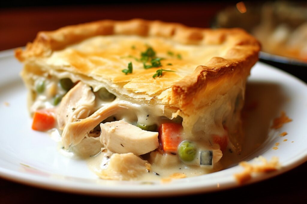 Close-up of a hearty Pillsbury Chicken Pot Pie with creamy filling and golden crust