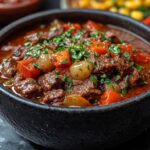 Whole beef tomato placed on a wooden cutting board with a rustic kitchen background.