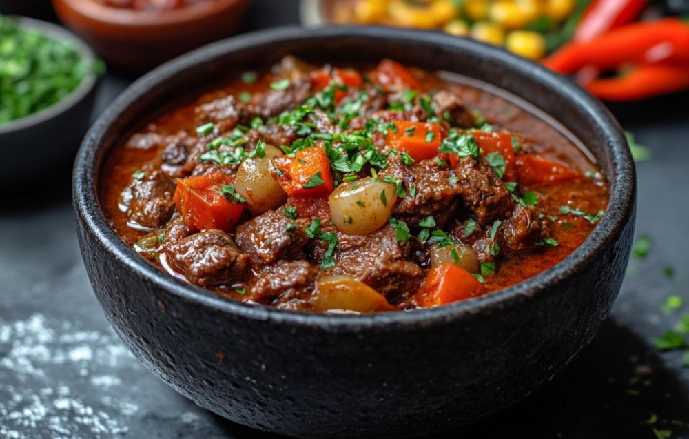 Whole beef tomato placed on a wooden cutting board with a rustic kitchen background.