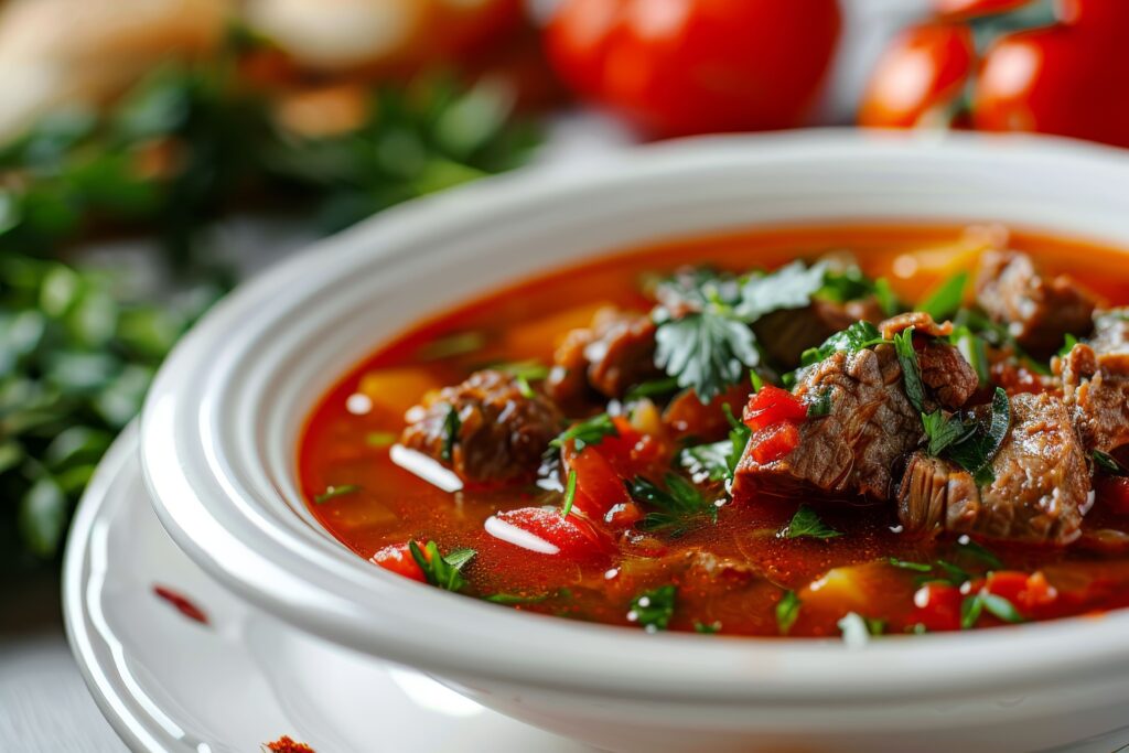 Freshly sliced beef tomato with vibrant red flesh and green stems, ready for cooking or salads