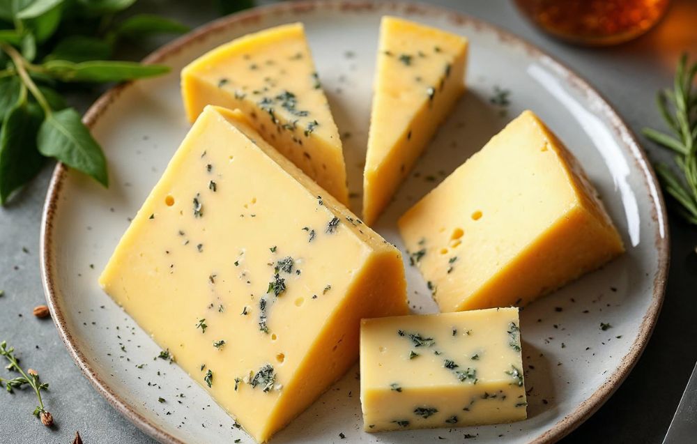 A block of Havarti cheese with a knife beside it on a rustic countertop, showcasing its pale yellow color and soft, buttery appearance