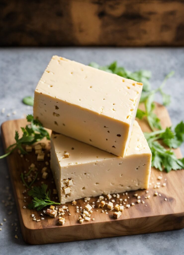 A close-up of creamy Havarti cheese slices arranged neatly on a wooden cutting board, highlighting their smooth texture and small holes